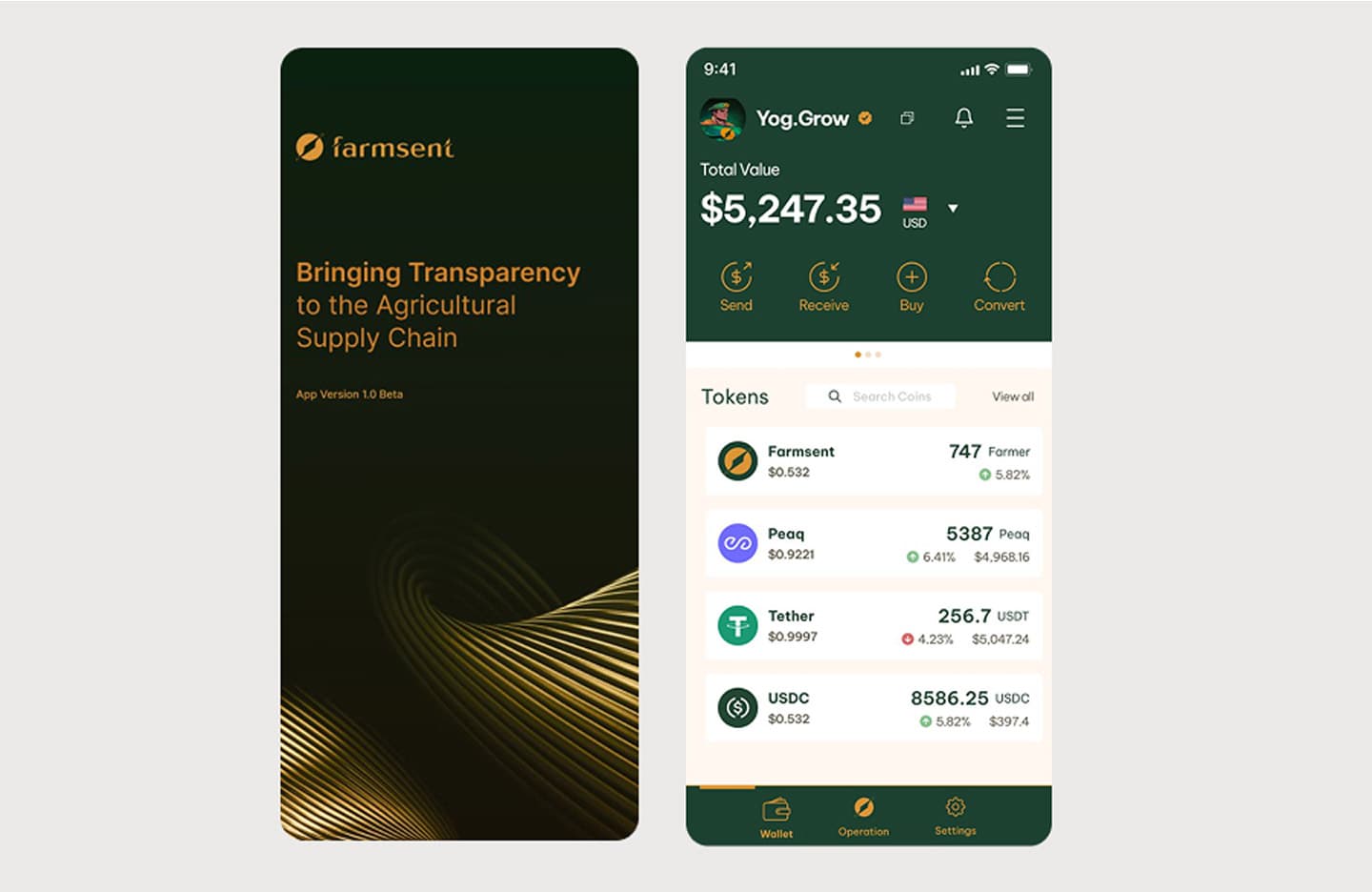 Two Farmsent SuperApp screens: the app splash and a wallet holding Farmsent, peaq and stablecoin tokens