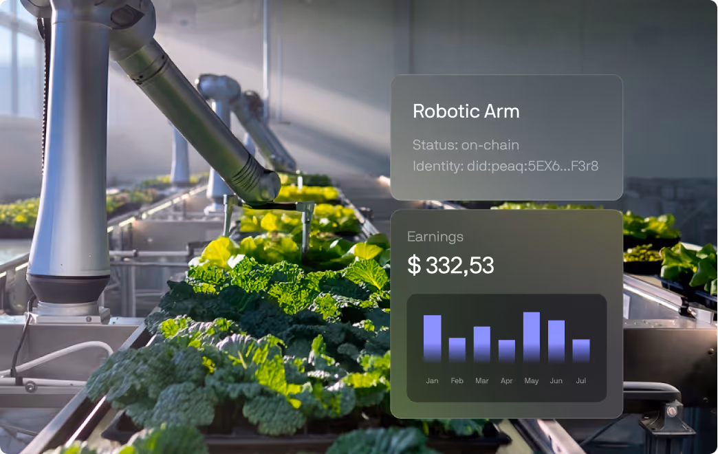 A robotic arm tending plants beside a live revenue dashboard